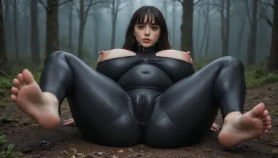 Woman, pissing, ass view, focus on ass, ass tease, showing her ass, boobs visible, showing asshole, ass focus, visible pussy, spreading legs, dark foggy background, lactating a lot, lactating so much, lactating huge quantity of milk, bodysuit let appear belly, big cameltoe, visible asshole, showing ass, black collar, jewelry, long eyelashes, pale skin, love handles, wet bodysuit, bracelet, laying on her belly in a dark creepy path in a dark horror forest, bare feet, huge belly, huge thighs, big gigantic breast, ((skin tight skin bodysuit)), small cute feet, perfect soles, ((Visible big huge belly)), perfect face, big eyes, pantie pulled aside, huge breast, Full body, view from very above, very gorgeous black hair fringe, fringe hair, hvrn, heavy, rain, supermodel, face, big, lips, <lora:milkers_v2:2>, <lora:607315_training_data:2>, <lora:Beautify-Supermodel-SDXL:1.5>