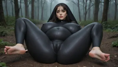 wear black veil, Woman, pissing, ass view, focus on ass, ass tease, showing her ass, boobs visible, showing asshole, ass focus, visible pussy, spreading legs, dark foggy background, lactating a lot, lactating so much, lactating huge quantity of milk, bodysuit let appear belly, big cameltoe, visible asshole, showing ass, black collar, jewelry, long eyelashes, laying on belly, pale skin, love handles, wet bodysuit, bracelet, laying on her belly in a dark creepy path in a dark horror forest, bare feet, huge belly, huge thighs, big gigantic breast, ((skin tight skin bodysuit)), small cute feet, perfect soles, ((Visible big huge belly)), perfect face, big eyes, pantie pulled aside, huge breast, Full body, view from very above, very gorgeous black hair fringe, fringe hair, hvrn, heavy, rain, supermodel, face, big, lips, <lora:milkers_v2:2>, <lora:607315_training_data:2>, <lora:Beautify-Supermodel-SDXL:1.5>