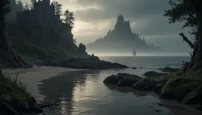 The scene is made on the ocean shore with vegetation in the style of dark fantasy-a dystopia with a very detailed and atmospheric environment. The world in the water is magically infected with glowing anomalies, perverted nature, and the remnants of vanished civilizations. The light is unnatural, casting eerie shadows. The art style combines elements of medieval fantasy.