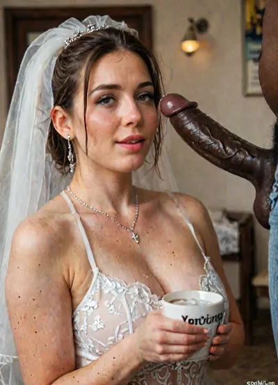 interracial, very large black penis, The happy chubby Persian bride in sexy wedding dress, cum driping bride's chain' cum driping from black penis, drinking sperm from transparent cup, there is glossy and sticky sperm in cup, cup full of sperm, cum swallowing, ((gokkun)), cum dripping from the corners of her lips, ((text on The cup, "BBC Cum")), logo, text, sign, that, says, the, word, <lora:671410_training_data:.8>, <lora:texta:1>, <lora:677862_training_data:.8>, <lora:LCM_LoRA_Weights_SDXL:.8>
