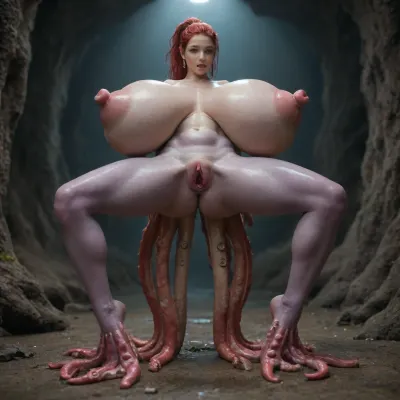 Surreal, magestic, Weird anatomy, mutated, ((tentacle legs, suction cup toes, octopus feet, standing in a sexy pose against tentacle legs spread open, oiled skin, slimy skin, huge slimy breasts, massive saggy breasts, erect nipples, massive nipples, large octopus suction cup feet, ((pink octopus legs, purple skin)), red haired ponytail)), eggs dropping from pussy, birthing massive octopus, pink octopus legs, purple skin, red haired ponytail, gaping pussy birthing octopus in a nest, in a deep damp cave