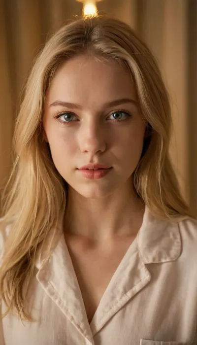 View through a window from outside, an 18-year-old Finnish woman. She has porcelain skin, striking hazel eyes, and shoulder-length, straight blonde hair. Her build is petite, (158cm, 55kg), . She is wearing half open pyjamas in the nighttime setting, illuminated by warm, golden lamp light. Her symmetrical eyes, perfect teeth, and sexy mouth create an alluring look.