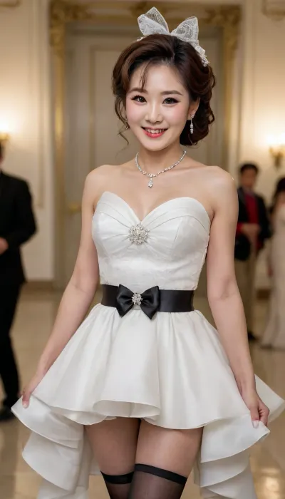 masterpiece, luxury wedding hall, (60 years Korean old MILF woman), tight short wedding dress, best quality, smile, photorealism, neclace, wedding photo, ((Ultimate realistic photo)), (photorealism), ((detailed face)), extreme long wave hair, ((ribbon bow in her hair)), detailed face, perky tits, black stockings, full body view, hi heel