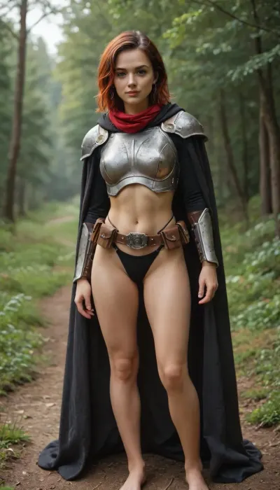 a girl dressed in dirty clothes of orange-red and black, and a painted cuirass with the coat of arms of the phoenix, orange-dyed armor, an iron breastplate, shoulder pads, leggings, a cloak with a hood and a scarf, long legs
woman, 18 year old model, girl, full body image, whole body in the frame, girl posing, full length, thin, the whole body is fully visible, standing, legs visible, (slender hips:1), (thin butt:1), textured skin, detailed and precise face, young facial skin, young girl 18 years old, beautiful and cute face, symmetrical face, triangular face shape, cute cheekbones, triangular jaw, small nose, sharp chin
small nose, sharp chin, girl with youthful facial features, round pupils of the eyes, large blue detailed eyes, eyes looking at the camera, large long eyelashes, blue eyes, eye highlight, red grunge lipstick, sharp lips, joyful smile, bright hairlines, hair in a ponytail, dyed bob hair, pixie cut, detailed hairstyle, expressiveness, (detailed face, detailed hair:1.1), 8k, masterpiece, a girl in the fire of ashes, the background is a huge oak trunk overgrown with moss, a green swamp, cold lighting, (StarCraft\), GLOWING, STYLE, WEAPON, SWORD, EARRINGS, glowing, butterfly, particle, mstltmrc, Mandalorian, style, <lora:EnvyCuteXL04:.5>, <lora:mstltmrc:.5>, <lora:Mandalorian style:.5>