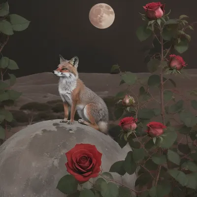 The moon, a whimsical rose, rose grows on the moon, a sly fox in the distance far behind the moon, the drunkard lies far away