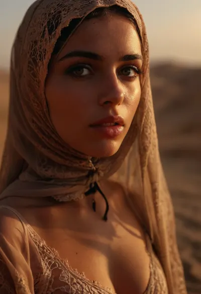 Full body view of a breathtakingly beautiful Palestinian woman with open eyes and soft facial features, wearing an open burka, underneath the burka she wears the finest lingerie made of lace silk, with a seductive look she stands on a late summer day at a well on the edge of the desert, her skin looks realistic, (oiled skin:1.4), her whole aura is filled with contentment, sandstorm, cloudy, smoke, atmospheric, clouds, fog, sunlight_str1, longnips, <lora:Cloudy_Style:.8>, <lora:sunlight_str1-SDXL_v1-dim64-steps1691:.9>, <lora:MJ52:.5>, <lora:longnipsxl:1.4>