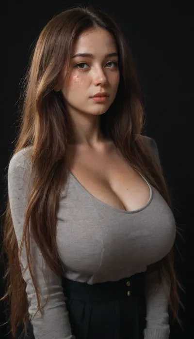 rich color palette, Asian girl, Tanned, strong build, gray knitted long sleeve top, (big breasts:1.8), (freckles:1.8), (long hair:1.8), (black background:1.8)