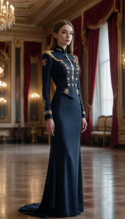 (head-to-toe full body view, best quality, high detail, sharp focus), (stunningly beautiful 21-year-old girl, slender, full breasts, long straight hair), (Imperial Space Navy officer's uniform formal gown, extremely sexy, extremely short, ornate, black), futuristic imperial palace ballroom
