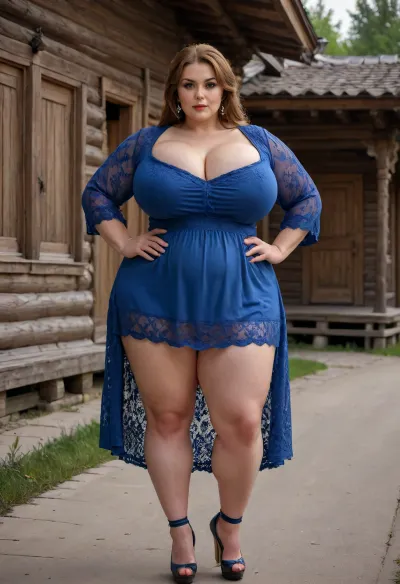 Full body portrait of a Russian beauty oversized bbw milf with oversized thick thighs and large floppy breast, in national costume. old russian village, wooden russian houses. lace filigree of bright, rich color. Super clear, high quality, 8k photo. rich on details, muscle_bimbo, fishnetdress, <lora:Muscle_Bimbo_SDXL:1.1>, <lora:fishnetdress_XL_reg1_:2>, <lora:253562_training_data:2>