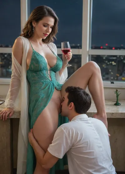 (masterpiece, best quality), (Twilight Photography:1.4), (Italian woman, milf, Sofia:1.1), (emerald green glossy silk chemise, glossy silk night robe), holding glass of wine, (cunnilingus, standing cunnilingus:1.2), aroused, (cinematic lighting), spacious balcony, glass railings, city skyline view, penthouse, (night:1.4), captured with a Leica M10, Leica Summilux 50mm f/1.4 lens, sharp focus, best shadow, 8K, UHD, clear image, extremely sharp, extremely detailed, extremely intricate detail, high res, ultra-high-definition, highly detailed, ultra-sharp textures, finely detailed, perfect skin texture, hyperrealistic lighting, professional photography, full dynamic range, deep contrast, high clarity, realistic depth of field, HDR, perfect exposure, smooth gradients, natural reflections, ultra-fine details, realistic skin pores, individual hair strands, soft shadows, color-pink
