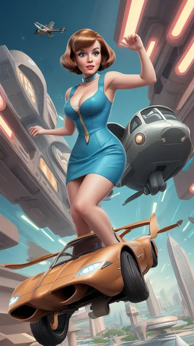 Jane Jetson, gigantic breasts, bob cut lite brown hair, (futuristic background:1.2), flying car, fullview, full view..