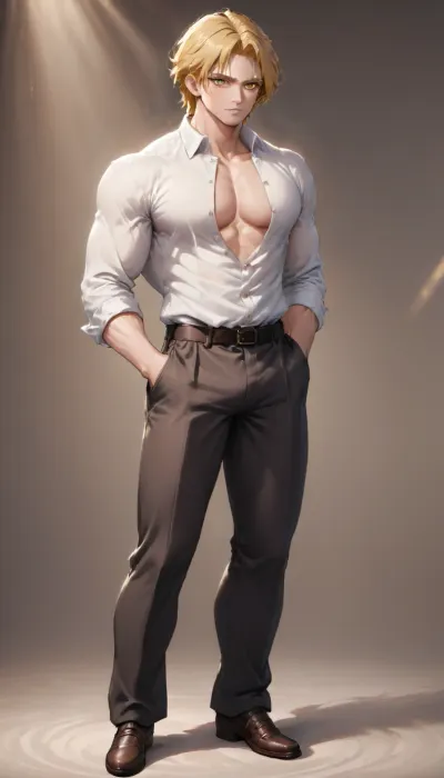 A very handsome young man, 19 years old, short golden hair, golden eyes, good figure, beautiful muscles, wearing slacks, white shirt unbuttoned, hands in pockets, full body visible