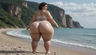 heavy overweight woman, gigantic ass, massive hips, thick gigantic thighs, thick calves, (plump:1.3), chubby, hyperass, thick thighs, brown pixie haircut, on a beach