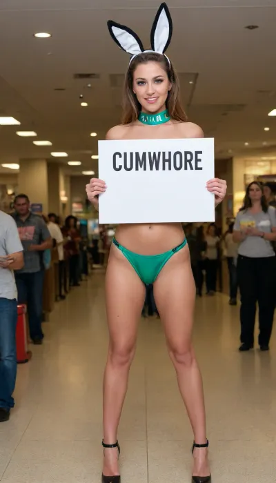 (naked 35 years old Latina submissive slut wearing in a sex bondage collar and high-heels with led-cuffs is holding a placard above her head with both hands is walking through the crowded mall:1.2), (looking at viewer, slim face, happy face, innocent face, pleading face, begging face, highly detailed face, bright cool Darm hair, visible ears, beautiful green eyes, begging eyes, detailed eyes, symmetrical eyes, clear eyes, seductive eyes, big lips), (perfect hands, very long slender legs, small boobs, erect nipples), (great pussy, meaty pussy, plump pussy, open pussy, shaved pussy, symmetrical pussy, two labia, long labia, erect clitoris), ultra detailed, intricate details, (photorealistic:1.2), 8k, UHD, contrast, sharp focus, (masterpiece:1.2), ((full body in view, full body in frame, full-length photo:1.2)), (Holding a sign with the Word "CUMWHORE":1.6), <lora:texta:1.5>, <lora:288407_training_data:.9>, <lora:275493_training_data:.5>, text, as, "", style_brush, style_bebas, <lora:textxl:.8>