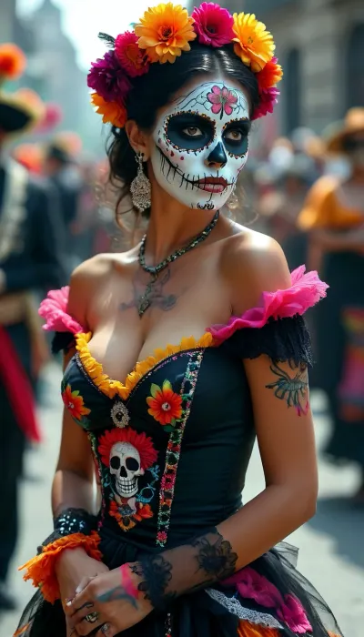 dia de los muertos, Mexican beauty with skull face paints, huge parade in Mexico City, Day of the Dead, traditional Mexican dress in black, cleavage, off shoulder dress, but, <lora:BUT_SDXL_SHS:.8>, <lora:MJ52:.8>