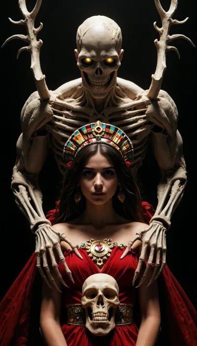 Depict Mictlantecuhtli as a skeletal god standing atop a throne of bones in the heart of Mictlan. His skull-like face is adorned with an intricate feathered headdress, and his skeletal hands hold obsidian blades. Surround him with a misty, eerie atmosphere, with spirits and skeletal creatures bowing at his feet. His body should show ornate Aztec symbols painted in white, while his hollow eyes glow faintly with an ominous light