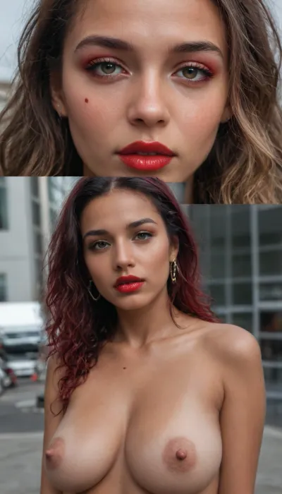 23 year old sexy athletic girl, (tanned:1.2), height 175 cm, 549 kg, slim athletic figure, (narrow waist:1.1), firm breasts, (large breasts D SHA:1), (large symmetrical nipples:1.1), long thick brown hair, (wavy:1.3), (reaches nipples), clearly defined waves, natural hair texture with realistic shine and volume, (realistic skin texture with visible pores:1.5), (barely noticeable dark circles under the eyes:1.5), fresh young look, facial details enhanced for realistic skin imperfections, (slightly textured:1.4), with natural pores, (fine wrinkles:1.2), healthy glow, brown eyes, arrows under the eyes classic wing, (eye clarity:1.4), full lips, (dark ruby ​​red glossy lips:1.5), beautiful hands, perfect fingers, beautiful long legs, natural relaxed hand position, hands lying at the side or touching the body, photorealistic nails, young pigtail. photorealistic skin tone, barely noticeable natural emotions, natural look, photorealistic lighting. Shot on Canon EOS R5, 35mm lens, Canon L-series lens, natural perspective, highly detailed 8k HDR photography, full-length photo, close-up, (Realism, HD, Quality), a pretty e-girl in blue dirndl, blonde hair, two braids to the side, big firm breasts, stockings, views from below, city, (Realism, hd, quality, details), beautiful woman 18 years, long red braids hair, ((deeply tanned:1.5)), (seamless tan:1.5), natural posture, round big breasts, looks seductively at the viewer, red-orange belly-free t-shirt with motif, tight light blue miniskirt, black thigh-high fishnet stockings, black high-heeled shoes, view from below, (tattoos:1.3)