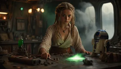 Star Wars Style, full body view of a female Jedi, repairing stuff at messy table, in a messy common room, inside Millennium Falcon, slender, slim waist, blonde matted dreadlocks, flat breasted, tanned skin, lucky charm necklace, beautiful brown leather belt, highly detailed Jedi costume, Jedi toga, perfect face, perfect hands, glass on table, extremely steaming green liquid, R2-D2, dejarik, 8k, high resolution, TIE, fighter, neon_style, cloudy, smoke, atmospheric, clouds, fog, <lora:TIE fighter:.8>, <lora:304304_training_data:.8>, <lora:MJ52:.8>, <lora:Cloudy_Style:1.1>