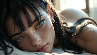 Rating_explicit, ethereal fantasy photography, (score_9, score_8_up, sharp focus, masterpiece, perfect eyes), young face, (young adult:1.5), (young:1.5), high resolution, perfect limbs, anatomically accurate, Super realistic, perfect lighting, (best shadow), 8K, UHD, clear image, (best lighting), highest quality, ultra-detailed images, Japanese, Incredibly beautiful girl naked, (bangs messy long black hair), (very long hair), realistic Japanese face, (Japanese girl Naked), cute face, (grey eyes), skinny, (white skin), (glossy skin), (((thick))), ((round ass, thick waist)), (massive ass:1.1), ((small_breasts)), flat, chested, big waist, (Shapely body), wide hips, perfect skin, perfect face, seductive pose, (her face and expression showing a mix of submission and ecstasy and exhaustion), ((half open eyes)), (lustful face), luscious sensual lips, natural beauty, eternal beauty, lying sleeping, legs spread, arms at sides of body, detailed beige skin tone, round E size tits, alone, earrings, jewelry, front view, facing forward, close-up, Legacy lighting, bright 1-alpha .5>, long silky raven black hair hides her face in shadow. Minimalistic dark chiaroscuro lighting and creates a dramatic effect. The overall mood of the image is sensual and seductive, with hints of anticipation and desire, ZipRealism, ​Moody, mysterious, magical, shallow depth of field, Shot from Stanley Kubrick movie, shot on Kodak filmodak Portra 400, vintage photography, lora, quality, SDXL_BetterFaces-LoRA_v1, .5>, <lora:lora-sdxl-perfect-eyes:.8>, <lora:reallora1:.5>, <lora:Oxygen girl_SDXL1.0:.5>, <lora:MJ52:.8>, <lora:BUT_SDXL_SHS:.8>