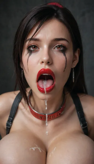 Ultra realistic, Tifa Lockhart from final fantasy 7, 19 years old, skin white and candid, ruined makeup, open mouth, saliva drooling from her mouth, (((red vivid lipstick, red vivid lips))), blonde hair in high ponytail, (((gigantic disproportionate silicone breasts, enormous round breast))), little ass, (((micro little waist))), unnatural small waist, perfect slim body, cum on face, slave collar, chained and slaved, she is a slave, sperm dripping on her tits, cum on her face drooling and dripping, cum on her hair drooling and dripping, cum on her lips drooling and dripping