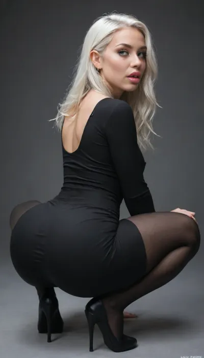 closeup, a hot young girl, extremely long white hair, middle-part hair, ((enormous mouth with enormous full lips, enormous bimbo lips with lip filler)), lip gloss, very large eyes, long eyelashes, pretty, facial features of a model, the most ethereal beauty, eye-contact, ((extremely depressed eyes)), skintight black bodysuit, very short skirt, black nylon stockings, spaghetti straps, (massive fat thighs), (((enormous extremely round hips, extremely wide hips))), ((enormous defined extremely round fat ass, extremely defined ass cheek lines)), (back view), side view, she is looking over her shoulder, full upper body turned towards me, squatting in front of me, extremely skinny, (extremely narrow ribs, extremely narrow waist), barely visible ass, jiggling her ass cheeks, twerking, (having fun), extremely excited, blue eyes hit by light, perfect teeth, long extremely white hair, (extremely high quality, extreme detail, very beautiful, perfect face, extremely realistic), hyperrealistic, extremely detailed iris, extremely detailed eyes, extremely detailed lips, 4k UHD, sharp, professional photography, <lora:RMSDXL_Enhance:2>, <lora:Her_Eyes:1>, <lora:DetailedEyes_V3:1>