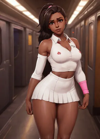 Video game character design, (8k resolution, anatomically corrected, fully detailed image:1), highly detailed picture of an 18 black super model with a cute young face in a gym, Ultra high detail, (in a subway train), ((18 year old, black african-american woman), (petite:1.2), (dark skin:1.7), very fit, slender, (butt:.6), (skinny:1.1), sporty, gorgeous, small breasts, long black hair in a high ponytail, (tiny butt:1.3), (wearing knee high white sock, wearing mini pleated mini skirt, wearing white button down shirt, wearing small pink backpack on her back, smiling)), bent over, medium wide shot, bokeh shot, (several people in background), variable angle, variable view, video game graphics, 3d design, 3d graphic, 3d anime, cartoon, Anime, zenless zone zero graphics style, genshin impact graphics style, stylized shader, 3d anime videogame shader, perfect hands, perfect fingers, stylized, very detailed, detailxl, ForniteStyle, arcane, style, zenless zone zero, overwatch, flat, chest, big, breasts, huge, gigantic, small, hips, thighs, wide, thick, plump, belly, muscular, female, arms, extra, abs, <lora:sxz-texture-sdxl:.9>, <lora:OWStyleYeiyeiArt-8:.7>, <lora:arcane_style_xl_v1:1.1>, <lora:Venus_Body_Alpha:.8>