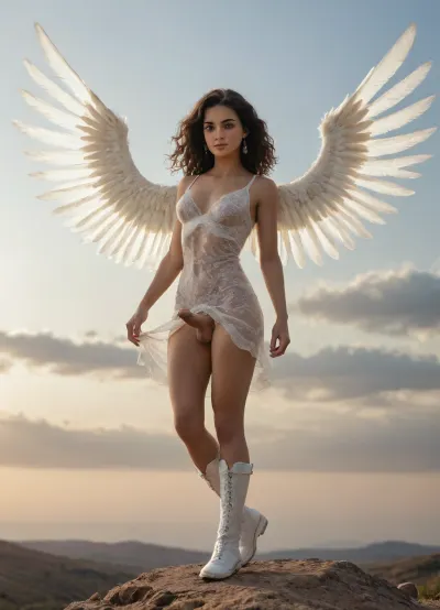 (), (Beautiful¡ femboy Latina mulatto with wavy black hair, perfect breasts, large erect penis, testicles, and perfect hands.), In a striking depiction of an angel, she is presented in exquisite detail. Her large, translucent angel wings shimmer with an ethereal grace that contrasts starkly with the white combat boots she wears. This captivating image, whether an elegant painting or a charming photograph, radiates a sense of enchantment and wonder. The high quality of this piece accentuates every intricate detail. This takes place in the sky, clouds with random sparkles are seen in the background and under her feet