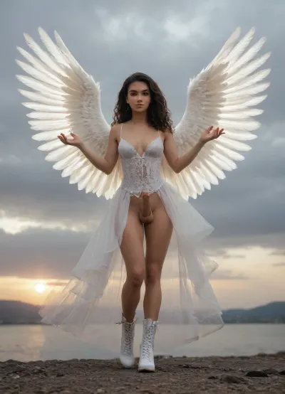 (), (Beautiful¡ femboy Latina mulatto with wavy black hair, perfect breasts, large erect penis, testicles, and perfect hands.), In a striking depiction of an angel, she is presented in exquisite detail. Her large, translucent angel wings shimmer with an ethereal grace that contrasts starkly with the white combat boots she wears. This captivating image, whether an elegant painting or a charming photograph, radiates a sense of enchantment and wonder. The high quality of this piece accentuates every intricate detail. This takes place in the sky, clouds with random sparkles are seen in the background and under her feet