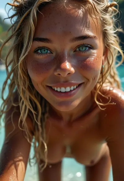 view from between her thighs, close pussy, tanned beautiful 23 years old naked female touching herself in the turquoise water, blond dreadlocks, sunny late afternoon, warm sunlight as warm backlight, smiling with perfect white teeth, ultra realistic skin, masterpiece, best quality, full body view, details, high quality, attractive woman, shaved pussy, slim body, ((deep seamless suntan:1.4)), (intensively tanned:1.4), narrow hips, thigh gap, small breasts, summer, detailed, eyes, perfect, freckles, skin, Thailand Sea, turquoise water, texture, photorealistic, <lora:Picture_enhancer:.6>, <lora:Super_Eye_Detailer_By_Stable_Yogi_SDPD0:.3>, <lora:BUT_SDXL_SHS:.6>, <lora:DetailedEyes_V3:.3>, <lora:MJ52:.8>