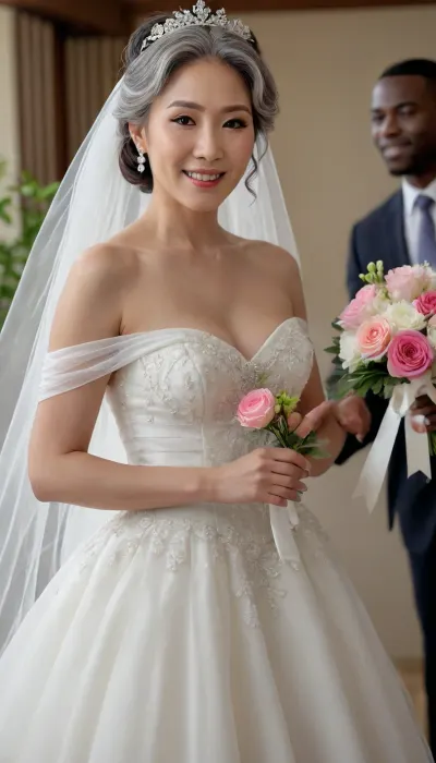 4K, luxury mention, ultra-detailed, ultra realistic Photo, (tall 60_yo Korean MILF old woman and young African boy), luxury tight cute wedding dress, smile, ((Ultimate realistic photo)), (photo realism), ((detailed face)), (Extremely gorgeous MILF bride), (extreme long wave hair), ((ribbon bow in her hair)), a bride holding bouquet, looking over shoulder, veil flowing, --v 6 --style raw