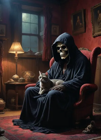 masterpiece, death, skullface, black robe, hood, sitting in armchair with cat on lap, holding cat, cosy room interior, of, drawix9, dwx9, NEGATIVE_HANDS, Richard, Corben, Style, <lora:tbh235-sdxl:.9>, <lora:drawix9:1>, <lora:Richard Corben Style:.9>