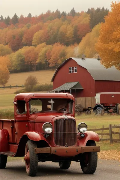 The red barn, autumn, 1930s Pickup truck with flatbed trailer
