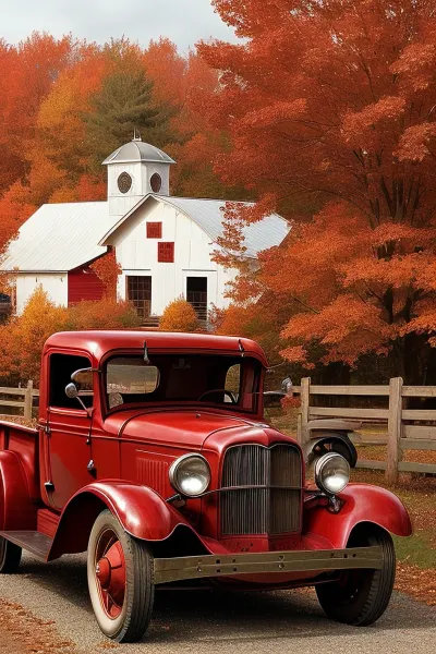 The red barn, autumn, 1930s Pickup truck with flatbed trailer