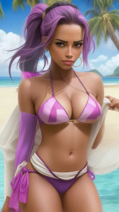 sombra, African Skin, solo, sling bikini, cameltoe, beach, big tits, medium shot