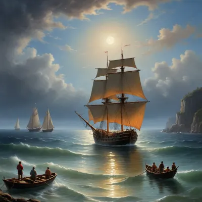 The painting is in the style of the Russian artist Ivan Konstantinovich Aivazovsky.The canvas depicts a large sailboat sailing towards an island, the outlines of which are visible in the distance. The island is clearly visible against the background of the night sky and the sea, which are brightly illuminated by the light of the full moon.A small boat was moored to the side of the ship on the right side. Local merchants swam up to the ship to offer the sailors their goods, food or water, or that the crew was going to get into the boat to go ashore.There is another boat in the foreground. The people sitting in it look at the ship sailing on the sea.In the background, a two-manned ship with lowered sails is anchored.On the sea surface along the coast, small sailing boats are visible, on which local fishermen went out to sea for night fishing.The painting is dominated by blue and light blue shades. The author solved the pictorial task with the help of contrast, which gives the work a bright yellow moonlight, flooding the sea and sky with its radiance.The moonlight path, trembling on a small ripple of the sea, gives the image volume and perspective. Light clouds floating across the night sky frame a calm .The artist assigns the main role to the sailboat sailing to the island in the painting. A red light is visible inside the ship, which contrasts with the bright moonlight.The work is painted in oil on canvas
