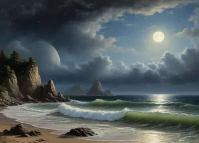 A stormy night. The last wave agitated the sea. It's boiling furiously. The waves break on the rocks in a rapid run. Terrible shaggy clouds are racing across the sky. The moon peeked through the clouds and illuminated the sea and the distant rocky shore. Moonlight flickered like diamonds on the lace of foam. The onset of the enlightenment of nature brings a stream of peace to the "last clouds of the scattered storm" running across the sky.Usually very quick at work, Aivazovsky painted this painting in such a way that it reflected his state of mind, in order to depict the halo of moonlight, he danced around it with a round brush the smallest splashes of light paint, the same as the moon itself.The rocky mountains are written differently, on which almost no moonlight falls. They are depicted as dark generalized masses, with a thicker tone than the sky. The sparse detailing of their shapes still makes it possible to distinguish steep cliff breaks, crevices in the mountains and a stone scattering at their foot on the surf edge. The sea in the part where the moonlight does not penetrate is also written very widely. The waves, breaking on the coastal cliffs, permeated by moonlight, acquire a phosphorescent hue.