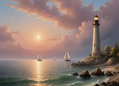 The painting is in the style of the Russian artist Ivan Konstantinovich Aivazovsky.The painting depicts a quiet summer evening.The sea is calm. The lightest ripples run across the calm surface of the sea. Sailing boats and fishing boats glide along it.Fluffy clouds float across the transparent azure sky, which appear pale pink under the rays of the setting sun. With short and light strokes, the author depicted a transparent mist floating in the humid air. In the distance, in the misty haze, the outlines of the rocks are visible.Seagulls are flying low over the water. The painting exudes silence, tranquility and peace. An important element of the painting is the dark lighthouse tower. The lighthouse symbolizes hope and salvation. The lighthouse shows the sailors the way to their native shore, warns of shoals. The painting is dominated by calm light shades. The viewer, looking at the canvas, clearly feels like he is standing not in an art gallery, but on the shore of a sea strait, admiring a beautiful and quiet summer evening.