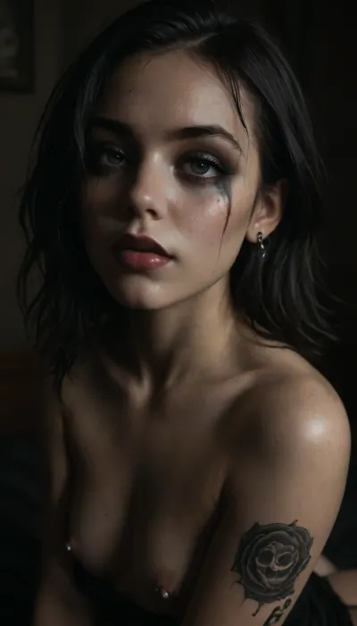 1 girl, gothic, goth, emo, pale skin, sexy, slim, big eyes, heavy eye liner, heavy eye shadow, smeared mascara, smeared eye shadow, smeared back lipstick, sweaty skin, oiled skin, pierced nipples, pierced nose, long black hair, black eyeliner, black lipstick, covered in tattoos, bedroom, perfect ass, facial, blow job, cum on her lips, licking her lips, cum on her face, <lora:dark:2>