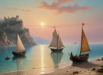 The painting is in the style of the Russian artist Ivan Konstantinovich Aivazovsky.In the central part of the canvas there is a sailboat standing on a raid near the walls of the Genoese fortress. The rays of the rising sun turn the sails of the ship pale pink. The turquoise expanse of the sea is calm, and the unfurled sails are reflected in it, as if in a mirror. In the foreground of the painting, on a sandy beach near the sea, the viewer sees a cart pulled by two oxen and a boat approaching the shore. Near the cart and boat, the author depicted local residents dressed in national costumes.
In the haze of morning fog, the outlines of sailboats standing in the bay are barely discernible. The rays of the sun rising over the mountains fill the sky, the peaks of the rocks and the sea near the horizon with a warm lemon yellow color.
In the misty haze on the tops of the coastal cliffs, you can see the ancient towers of the ancient Genoese fortress.
The painting is imbued with lyrical romanticism, which is especially felt on Aivazovsky's canvases, painted in the so-called oriental taste.