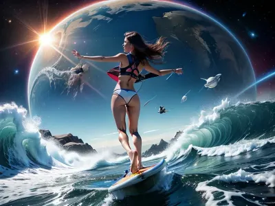 A young hot woman on a surfboard flies through space toward planet Earth, colorful, adventurous mood, view from back