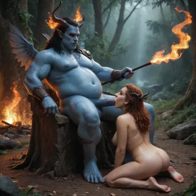 Multiple demon FFM couples, (All females are monsters Chubby naked topless huge breast full body tribal tatooes, sexy horns), enslaved demon mermaid warrior queen in their fourties drooling while sucking penis, another female in background looking on holding a whip, Sylvari, (((deep blue skin))), flame pattern, ((burning red eyes)), ((fire elemental eyes)), (fire for hair), armored clothes, wild, firece expression, spread eagle, dense magical forest, photograph, Flames_Fantasy, Infernal, style, (clothes), human, fire, animal, angel, skull, red, blue, bird, whip, marks, hunting men, tease, flirt, seduce, seductive, slutty, on knees giving multiple blowjobs, blowjob, deepthroat, side above, creampie, cum, kneeling, runny, makeup, hand, holding, head, on, penis, behind, back, wet, dry, naked, male, clothed, summoning, portal, <lora:1431512_training_data:.9>, <lora:InfernalStyleXL-000006:.5>, <lora:SummoningPortalXLV2:1.6>