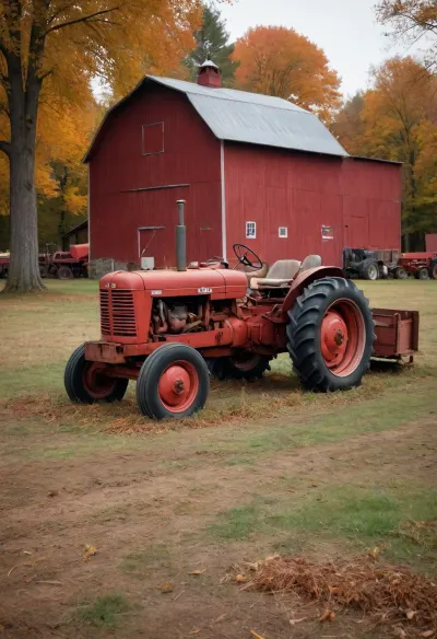 The red barn, autumn, old tractor with flatbed trailer