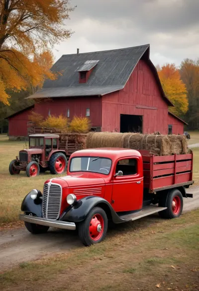 The red barn, autumn, 1930s Pickup truck with flatbed trailer and old tractor