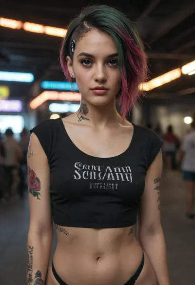 Judy Alvarez from the Cyberpunk 2077 portrait.
Photorealistic quality, 8k image, perfect body, perfect figure, feminine figure, perfect skin, top quality skin, top quality hair, sexy figure, athletic figure, skinny, perfectly toned ass, narrow waist, perfectly firm breasts, small breasts. Very pretty face, feminine
features, very pretty face, incredibly beautiful dark brown eyes, makeup of the highest quality. Black manicure, beautiful manicure, black nails. Beautiful underwear, beautiful outfit, tight T-shirt. Erotic pose, attractive pose, sexy pose. Beautiful background, cyberpunk, neon lighting, dark, theme, NEGATIVE_HANDS, detailxl