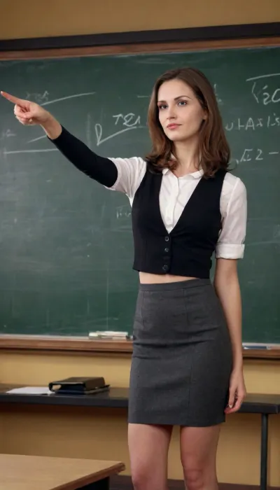 25-year-old sexy teacher with a pointer at the blackboard
