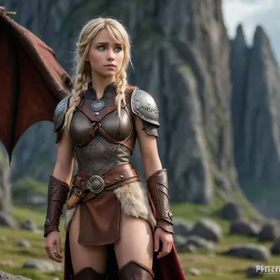 Beautiful Viking blonde girl, (Astrid from how to train your dragon), 18yo with petite body, (full body wiew), sexy outfit