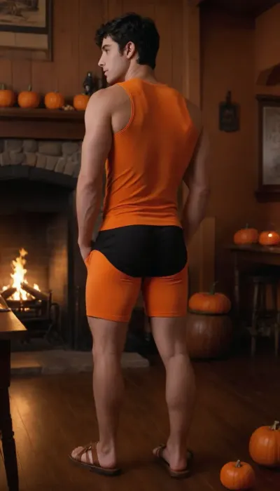 rear view, young male, black hair, thick hair, short hair, wearing orange lycra shorts, ass in view, text painted on male body "SEED EATER" with black marker, wearing orange sandals, standing in a tavern next to a wooden table with several pumpkins all around, tavern has a fireplace, dim lighting, light coming from fireplace, <lora:realistic_male_ass:1>