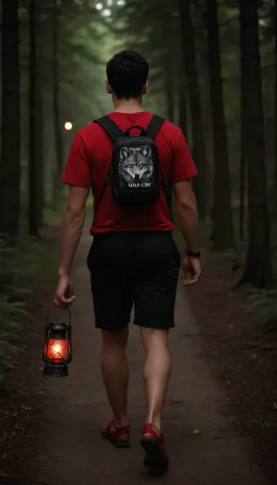 rear view, young male, black hair, thick hair, short hair, ass in view, text painted on male body "WOLF BAIT" with black marker, wearing red sandals, carrying a lantern, candlelight, walking along a path in a forest, <lora:realistic_male_ass:.5>
