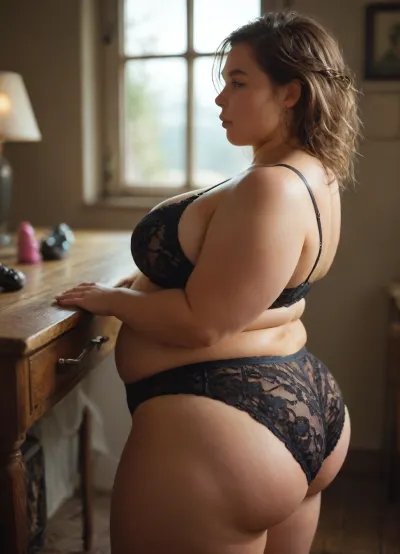 The dildo is attached to the bedside table, the dildo is sticking out of the table, and the housewife is masturbating the dildo that is sticking out of the table, side view, view from above, (anal dildo), <lora:Older_woman-000008:.8>, (Very curvy BBW young womans), ((sBbw+PAWG)), (obese:1.4), <lora:MJ52:.2>, <lora:M05_Intensify:.1>, <lora:gyakutaiojisan_bed_AB_XL:.8>, (sexy lingerie:1.4)