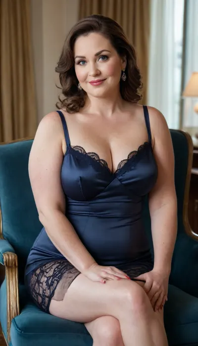 Portrait of a fat bbw 60-year-old Eastern European woman with a pear-shaped figure, pale skin, and striking blue eyes gazing directly at the viewer with playful warmth. She has wide hips, a soft waistline, and a full lower body emphasized by a tailored black satin wrap dress with lace detailing and spaghetti straps. Her face is round with a gentle double chin, lightly flushed cheeks, and a confident smile. Her hair is styled in soft retro waves, brunette with hints of silver, cascading gently to her shoulders. She is seated near tall windows in a luxury hotel suite, surrounded by champagne-colored drapes, marble accents, and soft golden lighting. A glass of red wine rests beside her on a glossy modern side table. Her posture is relaxed and charismatic — one leg crossed, one arm resting on the chair, the other brushing her hip. The atmosphere is evening-tinged, warm, and elegant, with city lights glowing softly through the windows. Skin texture, fabric wrinkles, and reflections are realistic and finely detailed, evoking a moody, cinematic look.